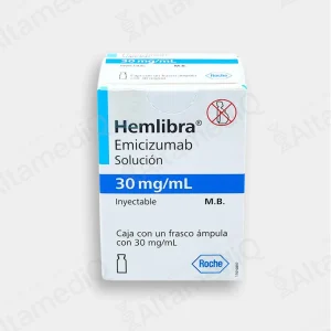 Caja de medicamento biológico de alta especialidad Hemlibra Emicizumab 30 mg / mL solución inyectable Roche. Farmacia de Alta Especialidad AltamediQ.