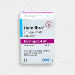 Caja de medicamento biológico de alta especialidad Hemlibra Emicizumab 60 mg / 0.4 mL solución inyectable Roche. Farmacia de Alta Especialidad AltamediQ.