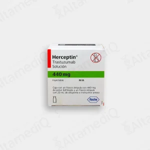 Caja de medicamento oncológico biológico de alta especialidad Herceptin Trastuzumab 440 mg solución inyectable Roche. Farmacia de Alta Especialidad AltamediQ.