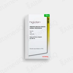 Caja de medicamento biológico de alta especialidad Higlobin Inmunoglobulina Humana Normal 10 g con un frasco ámpula CSL Behring. Farmacia de Alta Especialidad AltamediQ.