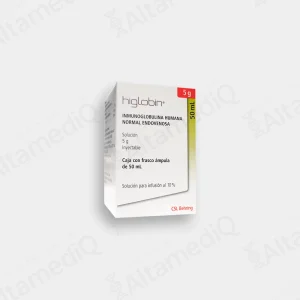 Caja de medicamento biológico de alta especialidad Higlobin Inmunoglobulina Humana Normal 5 g con un frasco ámpula CSL Behring. Farmacia de Alta Especialidad AltamediQ.