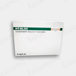 Caja de medicamento antiemético de alta especialidad Ht-Bloc Ondansetrón 8 mg / 4 mL solución inyectable con tres frascos ámpula Accord. Farmacia de Alta Especialidad AltamediQ.