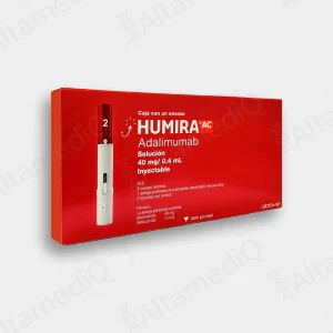 Caja de medicamento biológico de alta especialidad Humira AC Adalimumab 40 mg / 0.4 mL solución inyectable libre de citratos con una pluma precargada AbbVie. Farmacia de Alta Especialidad AltamediQ.