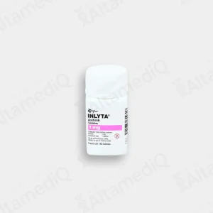 Frasco de medicamento oncológico de alta especialidad Inlyta Axitinib 1 mg con 180 tabletas Pfizer. Farmacia de Alta Especialidad AltamediQ.