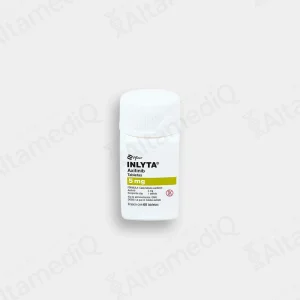Frasco de medicamento oncológico de alta especialidad Inlyta Axitinib 5 mg con 60 tabletas Pfizer. Farmacia de Alta Especialidad AltamediQ.