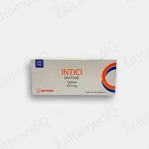 Caja de medicamento oncológico de alta especialidad Intici Imatinib 100 mg con 60 tabletas Hetero. Farmacia de Alta Especialidad AltamediQ.