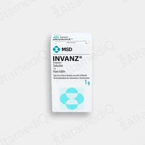 Caja de medicamento antibiótico de alta especialidad Invanz Ertapenem 1 g solución inyectable con un frasco ámpula MSD. Farmacia de Alta Especialidad AltamediQ.