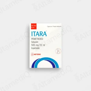 Caja de medicamento oncológico de alta especialidad Itara Pemetrexed 500 mg / 20 mL solución inyectable con un frasco ámpula Hetero. Farmacia de Alta Especialidad AltamediQ.