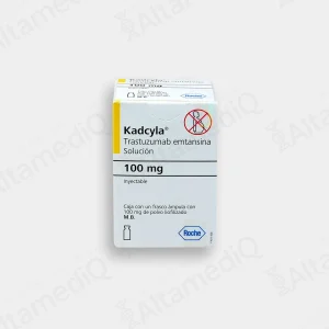 Caja de medicamento oncológico biológico de alta especialidad Kadcyla Trastuzumab Emtansina 100 mg solución inyectable Roche. Farmacia de Alta Especialidad AltamediQ.