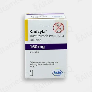 Caja de medicamento oncológico biológico de alta especialidad Kadcyla Trastuzumab Emtansina 160 mg solución inyectable Roche. Farmacia de Alta Especialidad AltamediQ.