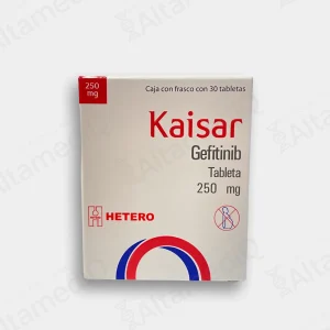Caja de medicamento oncológico de alta especialidad Kaisar Gefitinib 250 mg con 30 tabletas Hetero. Farmacia de Alta Especialidad AltamediQ.