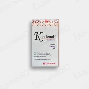Caja de medicamento oncológico de alta especialidad Kasdenab Abiraterona 500 mg con 60 tabletas Glenmark. Farmacia de Alta Especialidad AltamediQ.