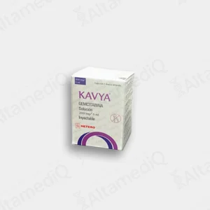 Caja de medicamento oncológico citotóxico de alta especialidad Kavya Gemcitabina 200 mg / 5 mL solución inyectable con un frasco ámpula Hetero. Farmacia de Alta Especialidad AltamediQ.
