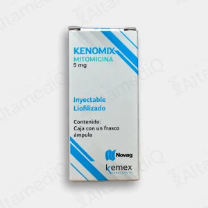 Caja de medicamento oncológico de alta especialidad Kenomix Mitomicina 5 mg solución inyectable con un frasco ámpula Novag. Farmacia de Alta Especialidad AltamediQ.