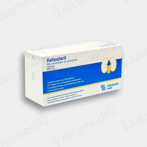 Caja de medicamento de alta especialidad Ketosteril Alfa Cetoanálogos 630 mg con 100 tabletas Fresenius Kabi. Farmacia de Alta Especialidad AltamediQ.
