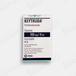 Caja de medicamento oncológico biotecnológico de alta especialidad Keytruda Pembrolizumab 100 mg / 4 mL solución inyectable con un frasco ámpula MSD. Farmacia de Alta Especialidad AltamediQ.