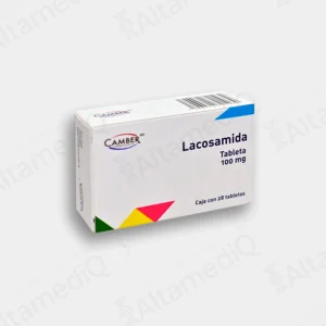 Caja de medicamento de alta especialidad Lacosamida Camber 100 mg con 28 tabletas. Farmacia de Alta Especialidad AltamediQ.