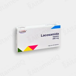 Caja de medicamento de alta especialidad Lacosamida Camber 200 mg con 28 tabletas. Farmacia de Alta Especialidad AltamediQ.