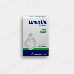 Caja de medicamento inmunosupresor de alta especialidad Limustin Tacrolimus 1 mg con 50 cápsulas Landsteiner. Farmacia de Alta Especialidad AltamediQ.