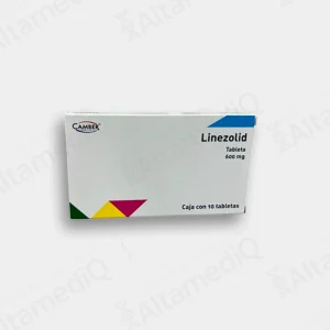 Caja de medicamento antibiótico de alta especialidad Linezolid Camber 600 mg con 10 tabletas. Farmacia de Alta Especialidad AltamediQ.
