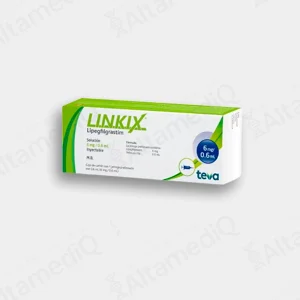 Caja de medicamento de alta especialidad Linkix Lipegfilgrastim 6 mg / 0.6 mL solución inyectable con 1 jeringa prellenada Teva. Farmacia de Alta Especialidad AltamediQ.