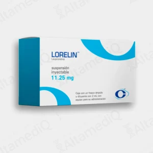 Caja de medicamento de alta especialidad Lorelin Leuprorelina 11.25 mg solución inyectable con un frasco ámpula Cryopharma. Farmacia de Alta Especialidad AltamediQ.