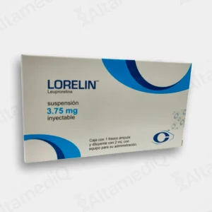 Caja de medicamento de alta especialidad Lorelin Leuprorelina 3.75 mg solución inyectable con un frasco ámpula Cryopharma. Farmacia de Alta Especialidad AltamediQ.