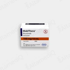 Caja de medicamento biológico de alta especialidad Mabthera Rituximab 100 mg / 10 mL con 2 frascos ámpula Roche. Farmacia de Alta Especialidad AltamediQ.