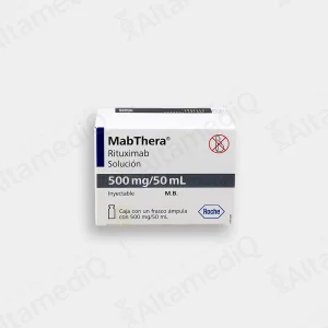 Caja de medicamento biológico de alta especialidad Mabthera Rituximab 500 mg / 50 mL solución inyectable Roche. Farmacia de Alta Especialidad AltamediQ.
