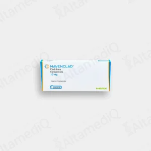 Caja de medicamento de alta especialidad Mavenclad Cladribina 10 mg con 1 comprimido Merck Biopharma. Farmacia de Alta Especialidad AltamediQ.