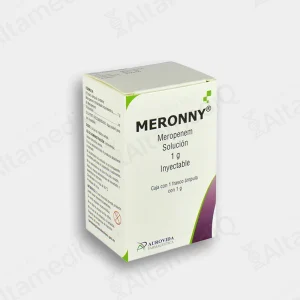 Caja de medicamento antibiótico de alta especialidad Meronny Meropenem 1 g solución inyectable con un frasco ámpula Aurovida. Farmacia de Alta Especialidad AltamediQ.