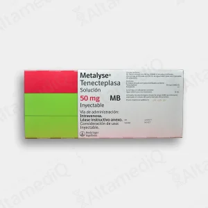 Caja de medicamento hospitalario de alta especialidad Metalyse Tenecteplasa 50 mg solución inyectable con frasco ámpula y jeringa prellenada Boehringer Ingelheim. Farmacia de Alta Especialidad AltamediQ.