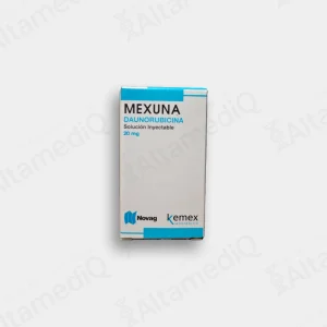 Caja de medicamento oncológico de alta especialidad Mexuna Daunorubicina 20 mg solución inyectable con un frasco ámpula Novag. Farmacia de Alta Especialidad AltamediQ.