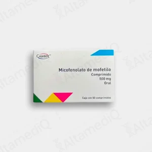 Caja de medicamento inmunosupresor de alta especialidad Micofenolato de Mofetilo Camber 500 mg con 50 comprimidos. Farmacia de Alta Especialidad AltamediQ.