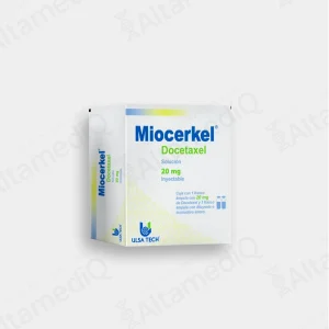 Caja de medicamento oncológico Miocerkel Docetaxel 20 mg solución inyectable. Farmacia de Alta Especialidad AltamediQ.