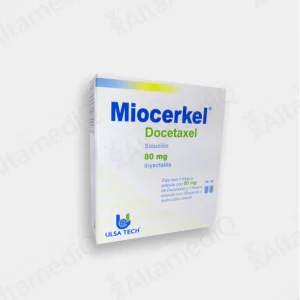 Caja de medicamento oncológico Miocerkel Docetaxel 80 mg solución inyectable Ulsatech. Farmacia de Alta Especialidad AltamediQ.