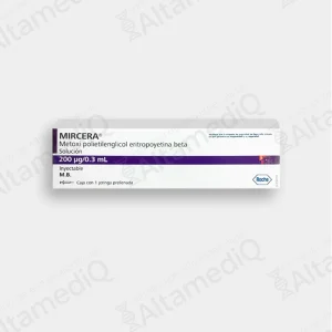 Caja de medicamento de alta especialidad Mircera Metoxi Polietilenglicol Eritropoyetina Beta 200 mcg jeringa prellenada Roche. Farmacia de Alta Especialidad AltamediQ.