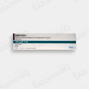Caja de medicamento de alta especialidad Mircera Metoxi Polietilenglicol Eritropoyetina Beta 100 mcg solución inyectable Roche. Farmacia de Alta Especialidad AltamediQ.