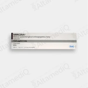 Caja de medicamento de alta especialidad Mircera Metoxi Polietilenglicol Eritropoyetina Beta 150 mcg solución inyectable Roche. Farmacia de Alta Especialidad AltamediQ.
