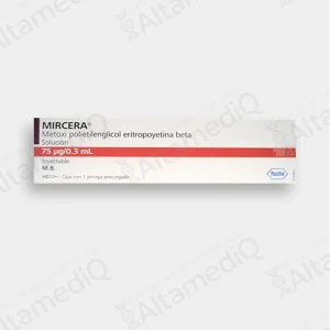 Caja de medicamento de alta especialidad Mircera Metoxi Polietilenglicol Eritropoyetina Beta 75 mcg solución inyectable Roche. Farmacia de Alta Especialidad AltamediQ.