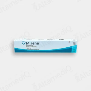Caja de sistema de liberación intrauterino Mirena Levonorgestrel 52 mg con un dispositivo y aplicador estéril Bayer. Farmacia de Alta Especialidad AltamediQ.