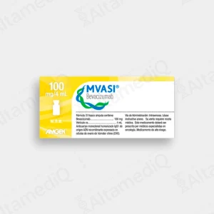 Caja de medicamento oncológico de alta especialidad Mvasi Bevacizumab 100 mg / 4 mL solución inyectable con un frasco ámpula Amgen. Farmacia de Alta Especialidad AltamediQ.