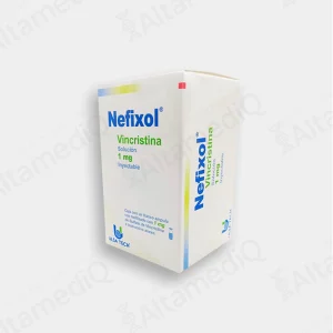 Caja de medicamento oncológico de alta especialidad Nefixol Vincristina 1 mg solución inyectable Ulsatech. Farmacia de Alta Especialidad AltamediQ.