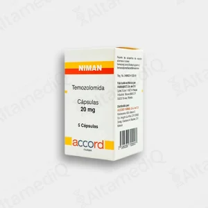 Caja y frasco de medicamento oncológico de alta especialidad Niman Temozolomida 20 mg con 5 cápsulas Accord. Farmacia de Alta Especialidad AltamediQ.