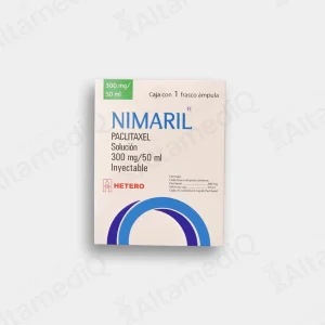 Caja de medicamento oncológico citotóxico de alta especialidad Nimaril Paclitaxel 300 mg / 5 mL solución inyectable con un frasco ámpula Hetero. Farmacia de Alta Especialidad AltamediQ.