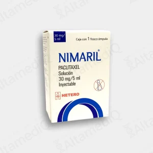 Caja de medicamento oncológico citotóxico de alta especialidad Nimaril Paclitaxel 30 mg / 5 mL solución inyectable con un frasco ámpula Hetero. Farmacia de Alta Especialidad AltamediQ.