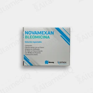 Caja de medicamento oncológico de alta especialidad Novamexan Bleomicina 15 UI solución inyectable con un frasco ámpula Novag. Farmacia de Alta Especialidad AltamediQ.
