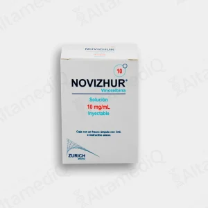 Caja de medicamento de alta especialidad Novizhur Vinorelbina 10 mg/mL solución inyectable Zurich. Farmacia de Alta Especialidad AltamediQ.