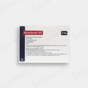Caja de medicamento hematológico de alta especialidad NovoSeven RT Eptacog Alfa 5 mg con frasco ámpula y jeringa prellenada Novo Nordisk. Farmacia de Alta Especialidad AltamediQ.