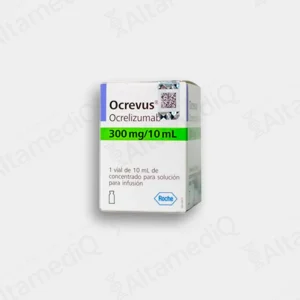 Caja de medicamento biológico de alta especialidad Ocrevus Ocrelizumab 300 mg / 10 mL solución inyectable Roche. Farmacia de Alta Especialidad AltamediQ.
